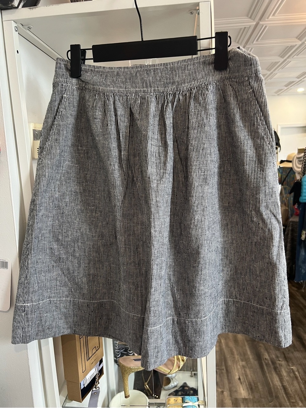 Eileen Fisher Black & White Pinstriped A-Line linen Pull-On Skirt